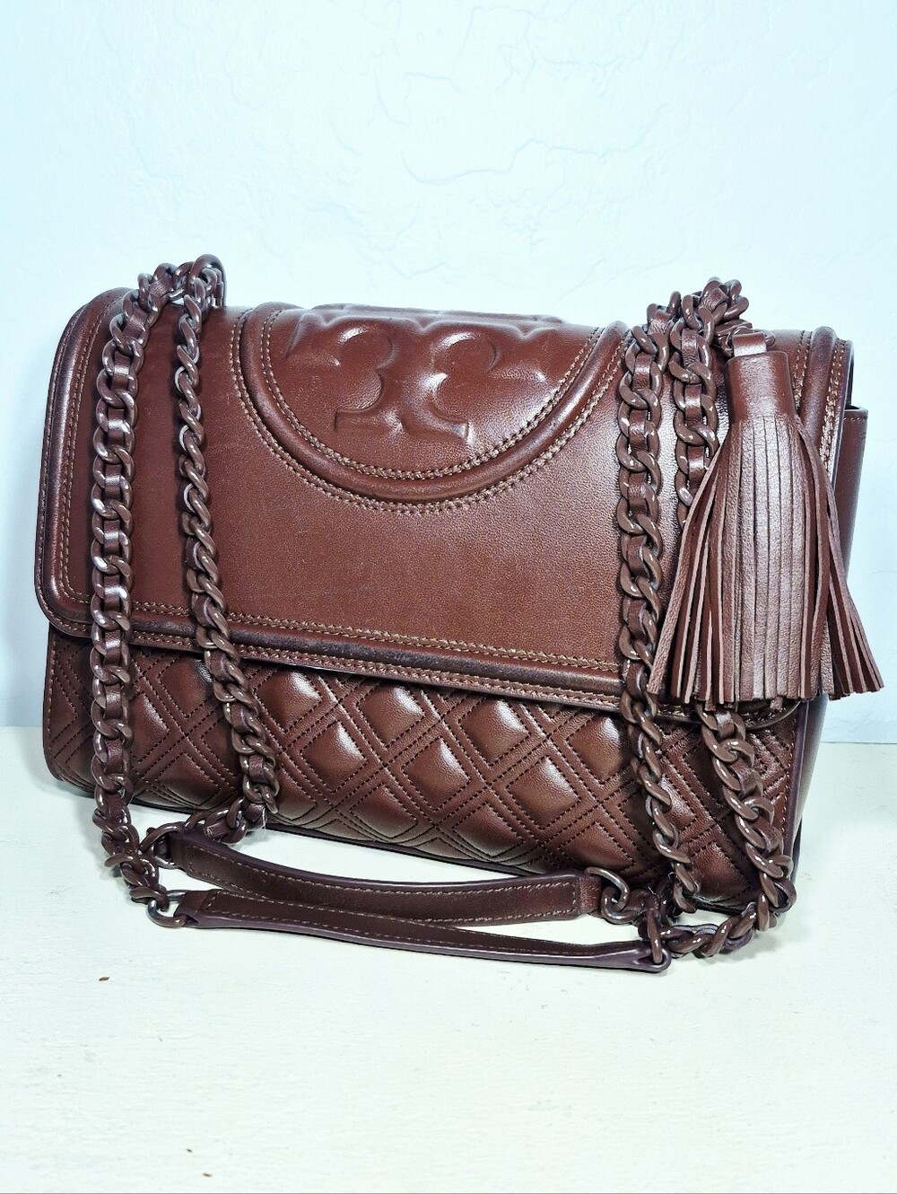 Tory Burch Fleming Convertible Shoulder Bag Quilted Leather Maroon Brown